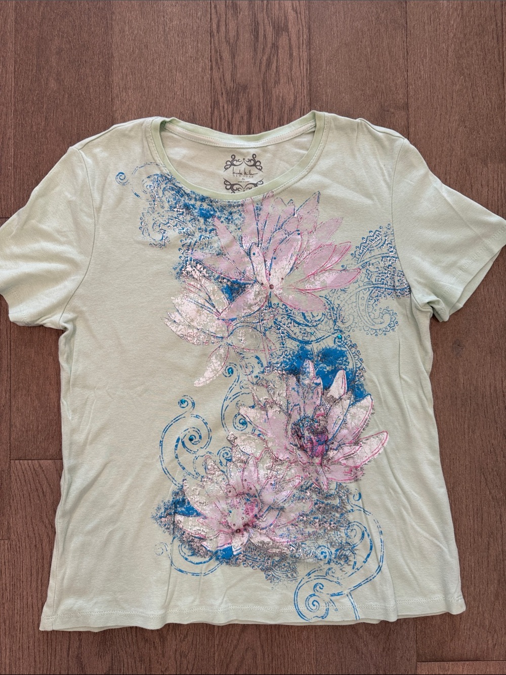 Nicole Miller Short Sleeve Mint Green Watercolor Floral Women’s‎ XL Shirt Top